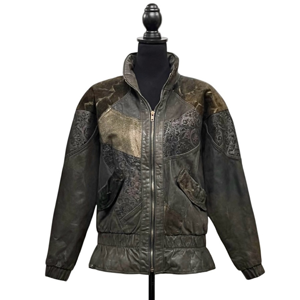 Vintage G4000 Patchwork Brown Leather Bomber Jacket Distressed 80s 90s Size S